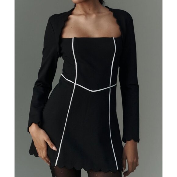 Maeve Anthropologie Square Neck Scalloped Hem Long Sleeve Mini Dress Size L - Picture 1 of 10